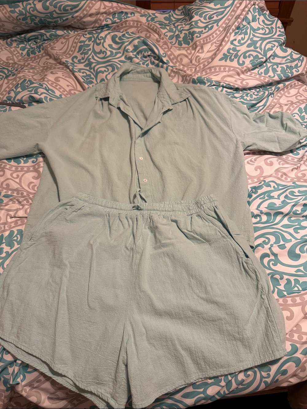 Light Aqua Women's Button-Down Shirt - Relaxed Short Sleeve AND Matching Shorts